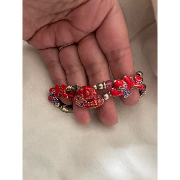 Vintage Silver Tone/Red/Purple Enamel Rhinestone Hat Charm/Bead Stretch Bracelet - Picture 11 of 12
